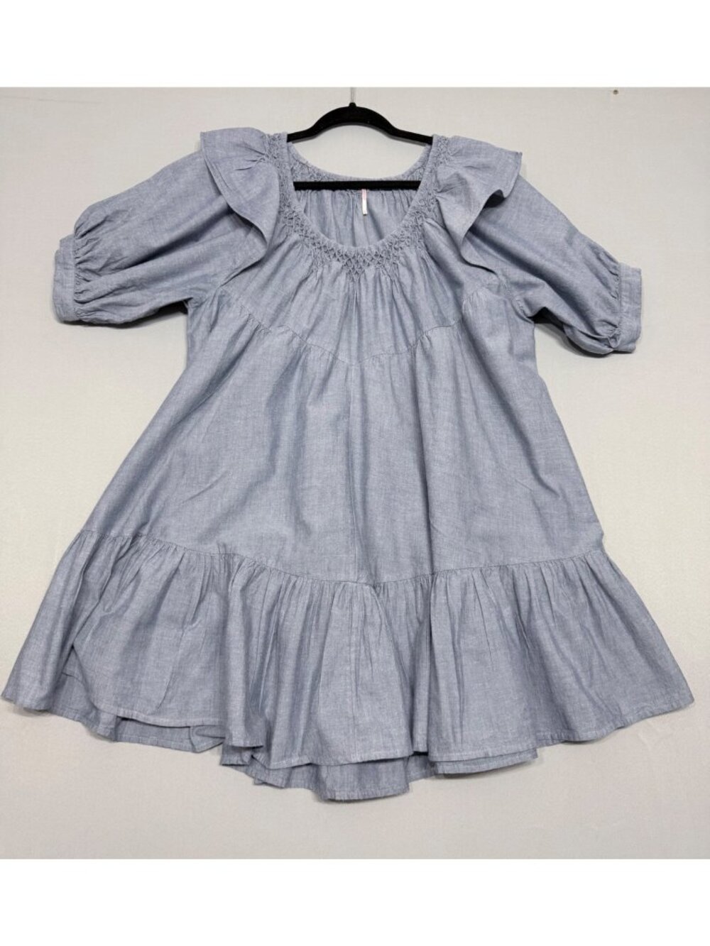 Free People Women’s Blue Ruffled Chambray Tunic Dress L Boho Style